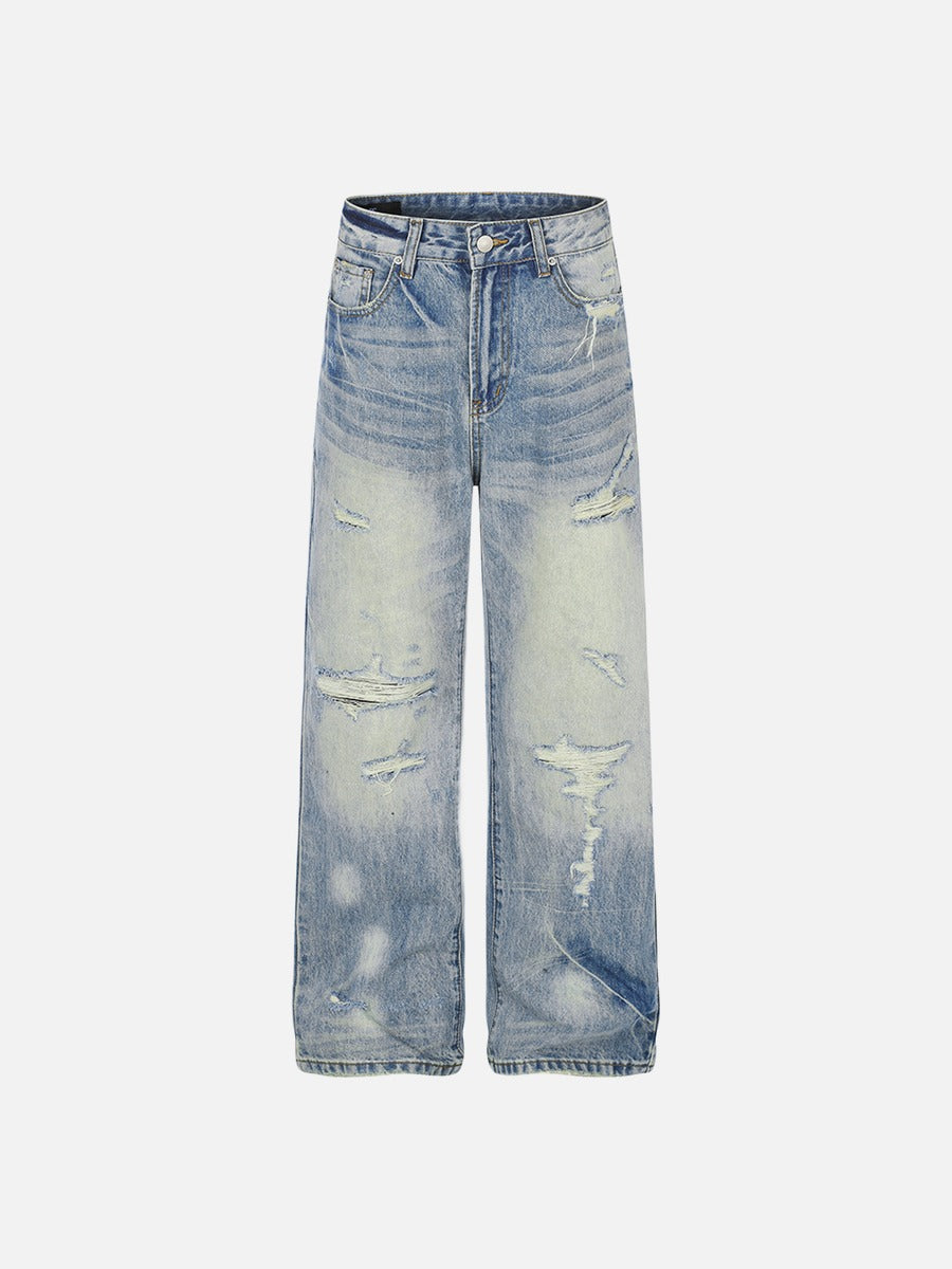 Distressed Light Blue Wide-Leg Denim Jeans