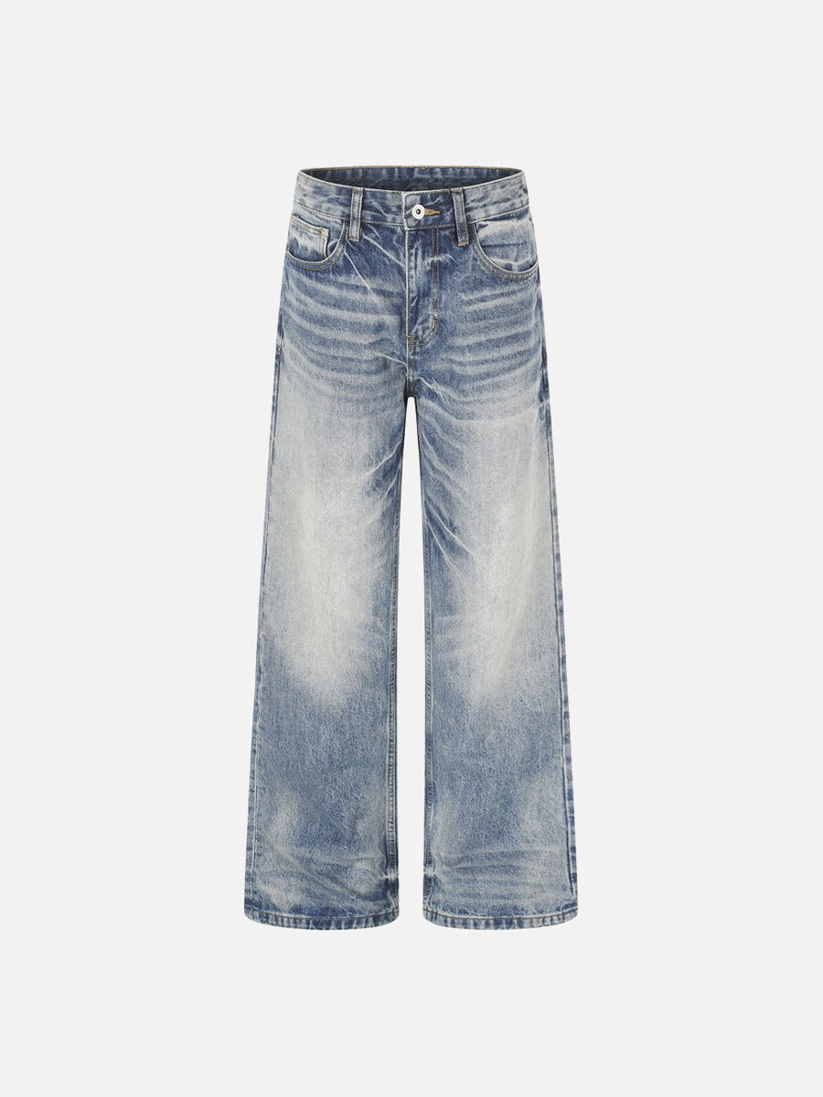 Distressed Light Blue Wide-Leg Denim Jeans