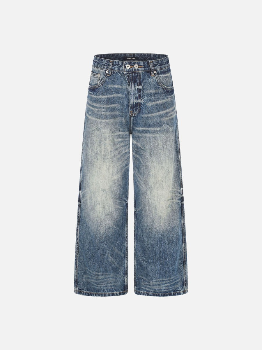Distressed Medium Blue Wide-Leg Denim Jeans