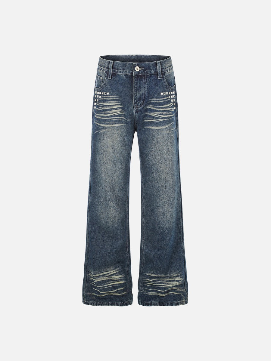 Distressed Medium Wash Wide-Leg Jeans with Studs