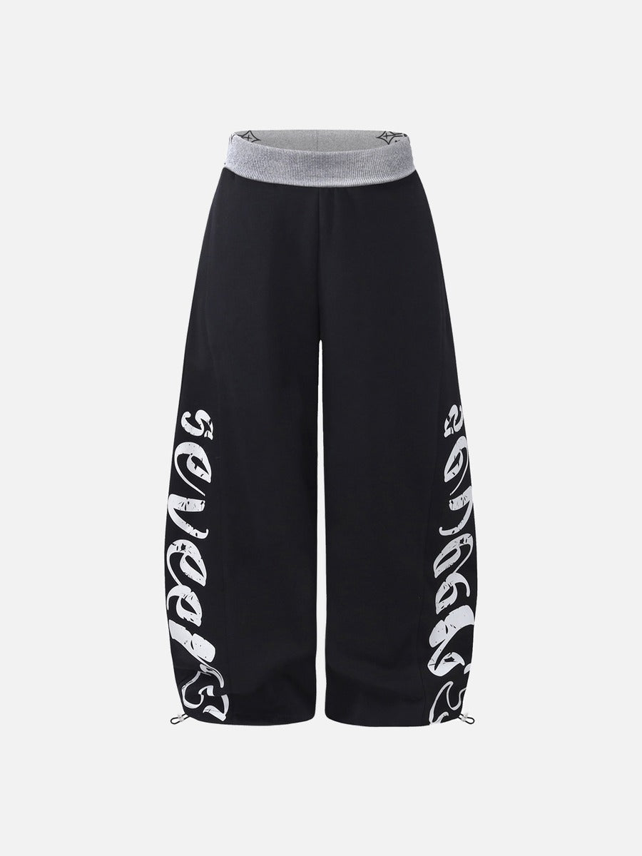 Distressed Script Wide-Leg Pants with Drawstrings