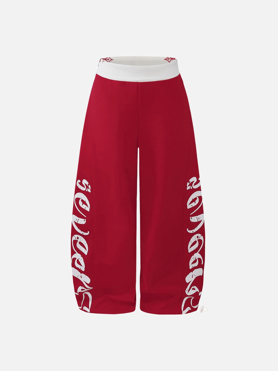 Distressed Script Wide-Leg Pants with Drawstrings
