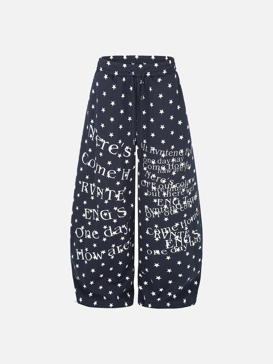 Distressed Text & Star Print Wide-Leg Pants