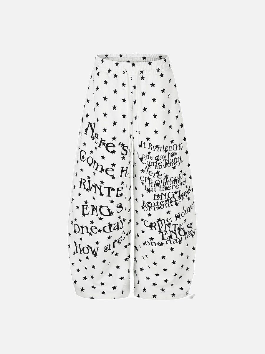 Distressed Text & Star Print Wide-Leg Pants
