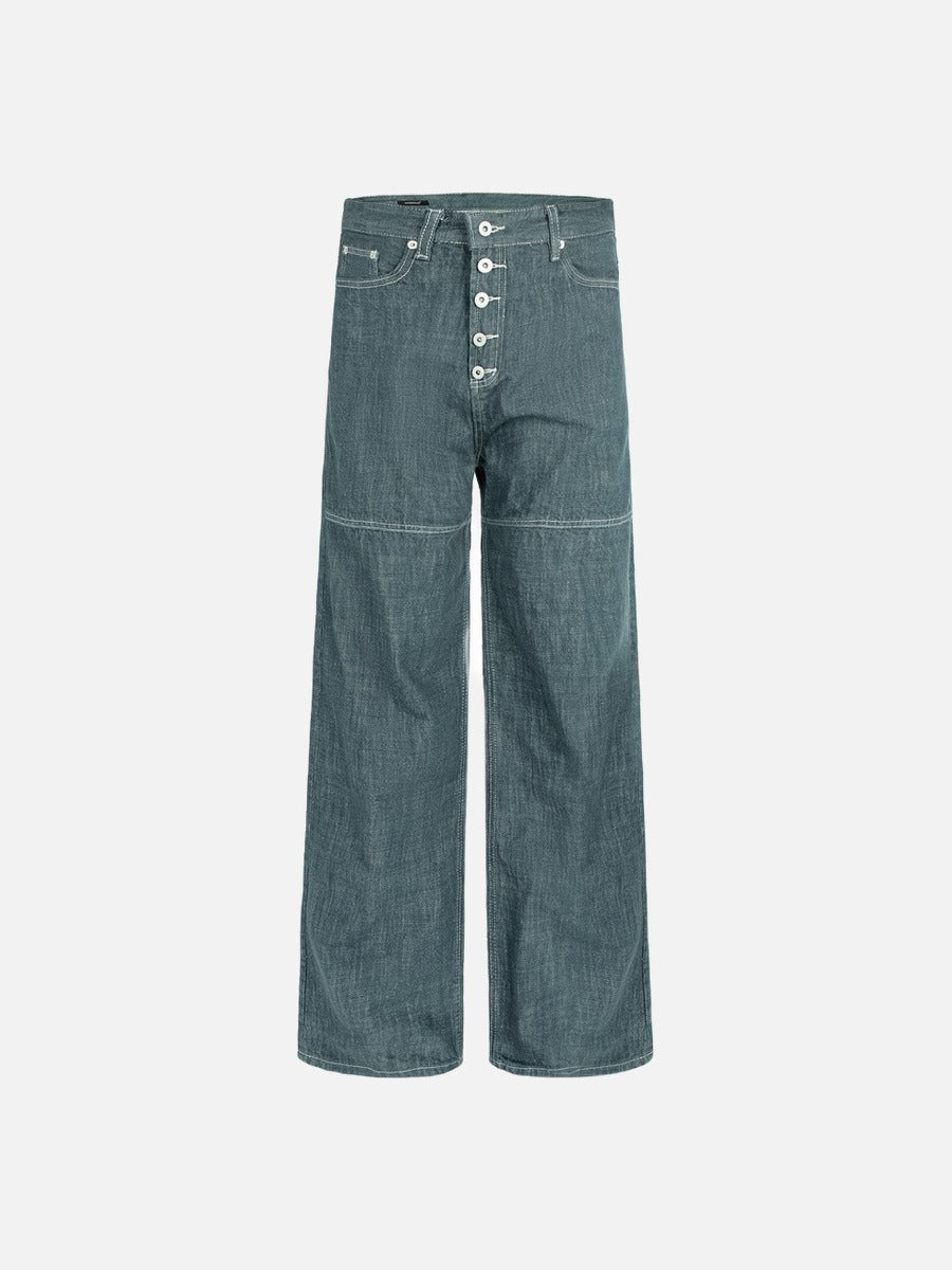 Faded Blue-Grey Wide-Leg Jeans with Unique Stitching
