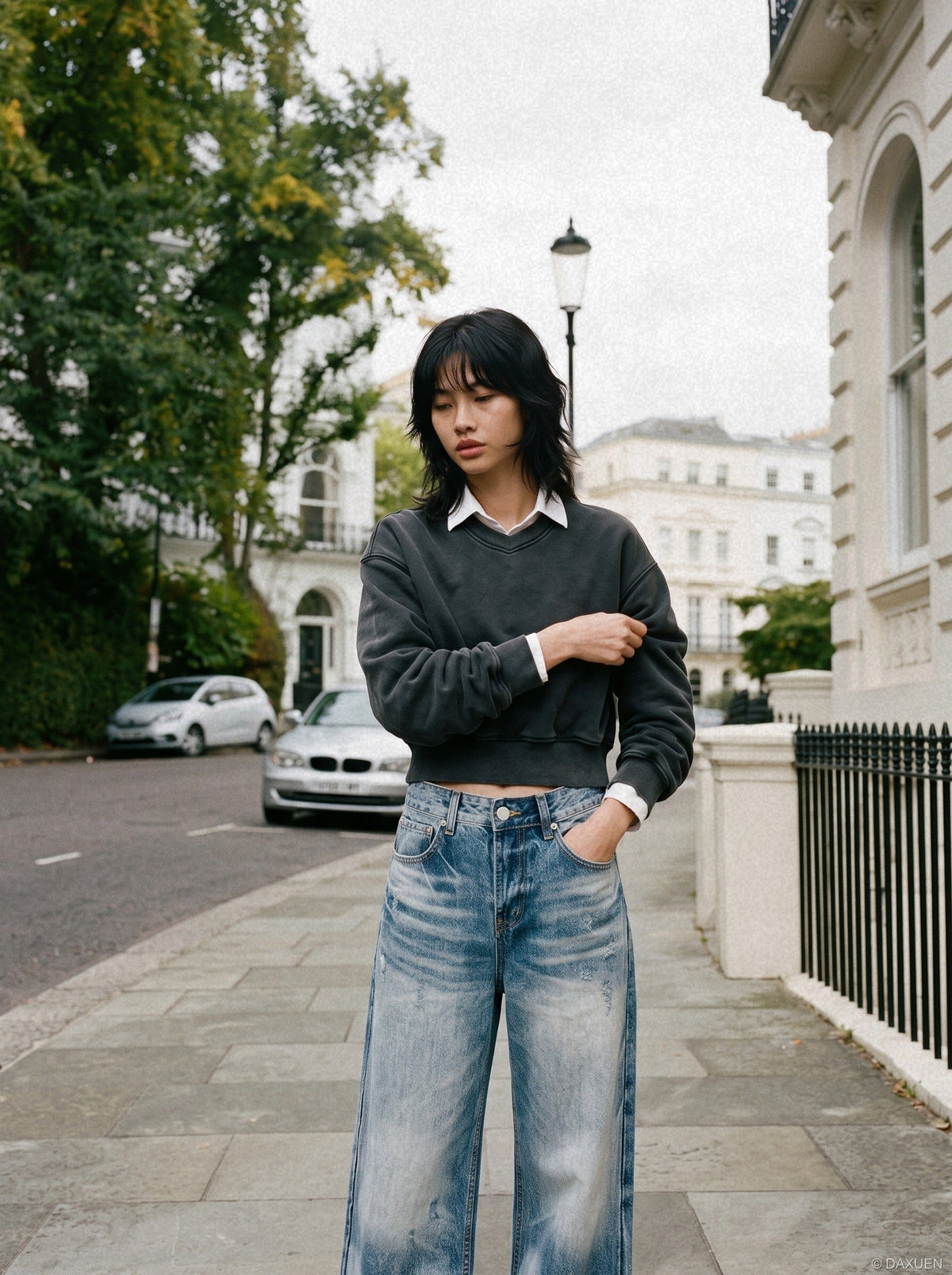 Faded Light Blue Distressed Wide-Leg Jeans