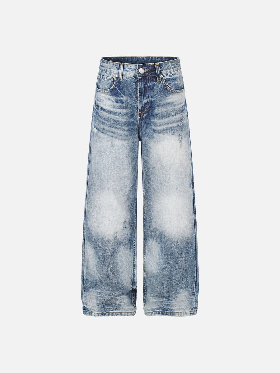 Faded Light Blue Distressed Wide-Leg Jeans