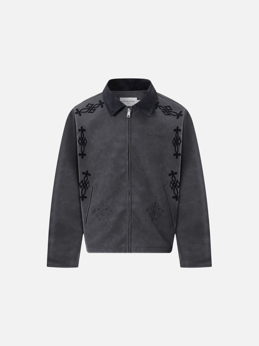 Intricate Scroll Embroidery Faux Suede Jacket