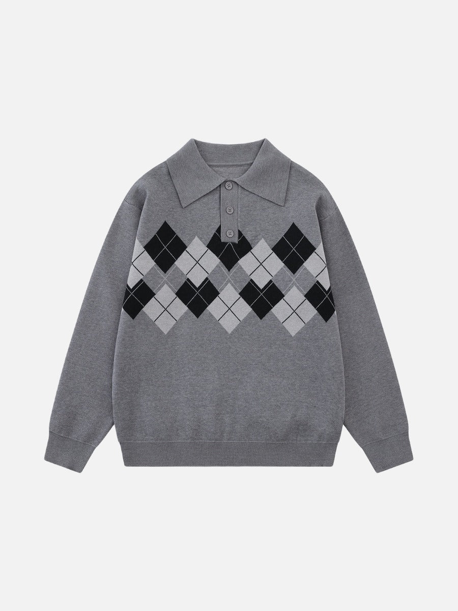 Large Argyle Pattern Long-Sleeve Polo Sweater