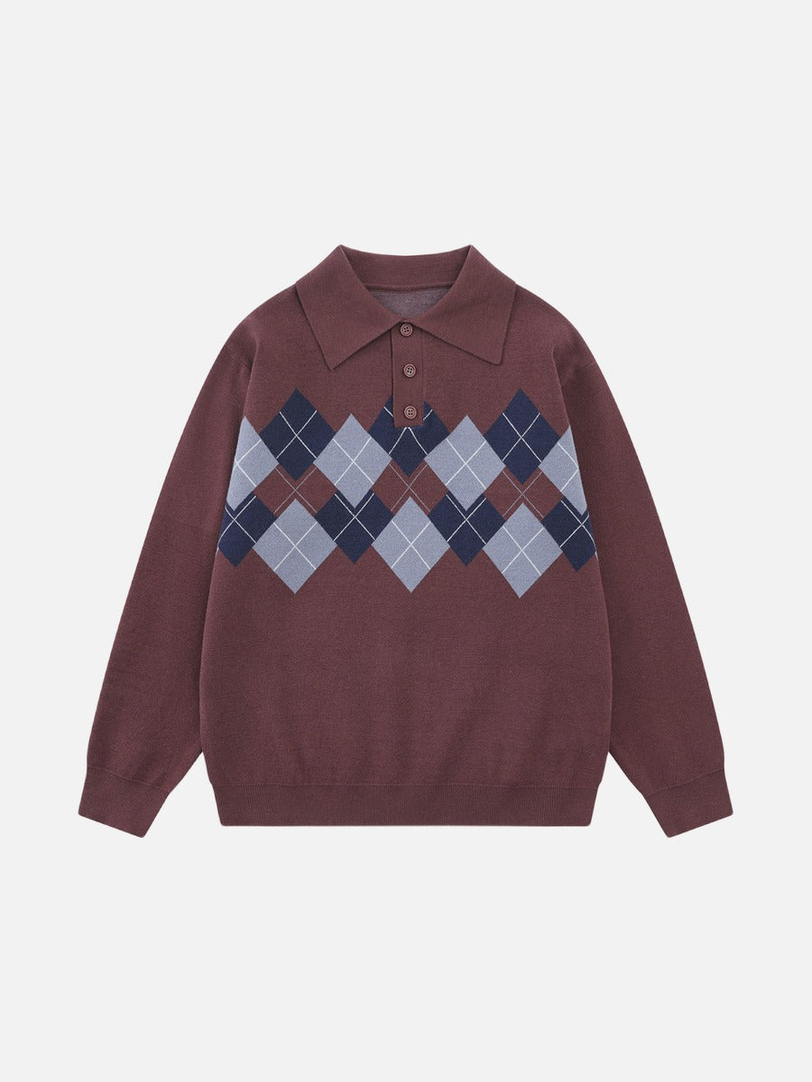 Large Argyle Pattern Long-Sleeve Polo Sweater