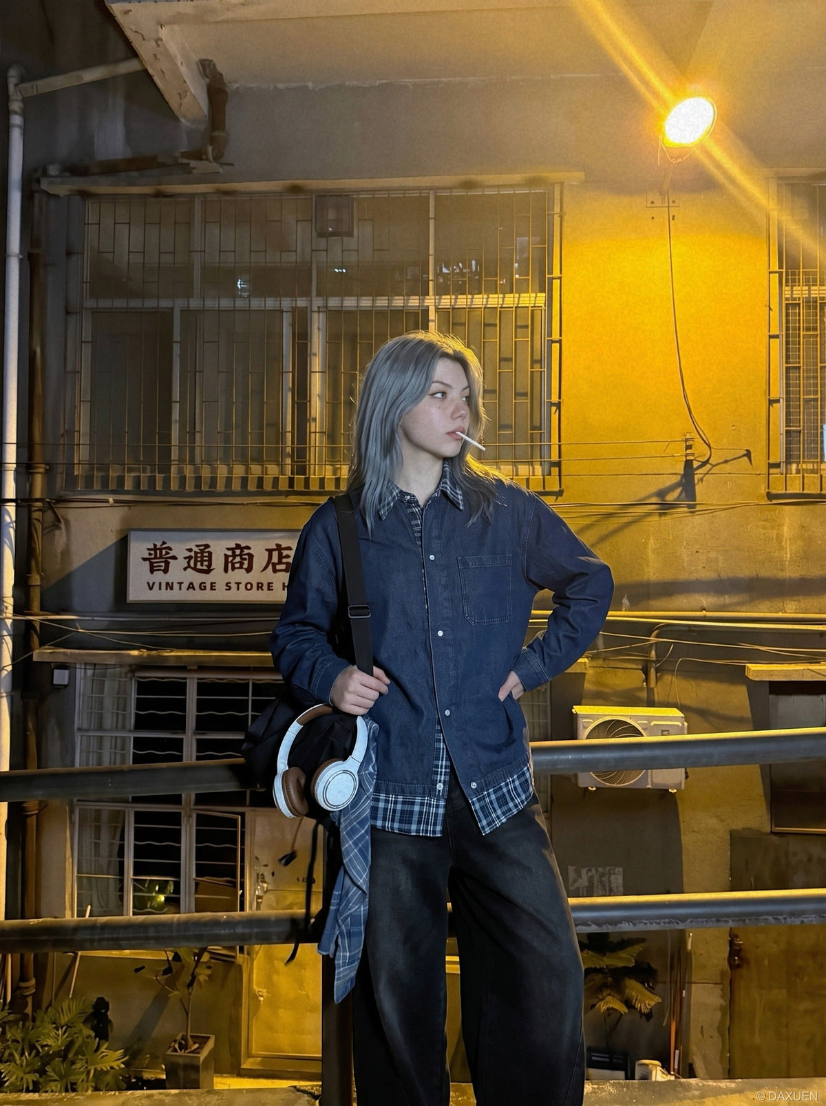Layered Blue Denim and Plaid Shirt