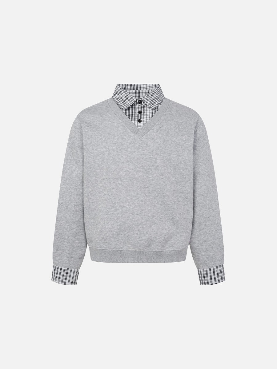 Layered Plaid V-Neck Sweatshirt
