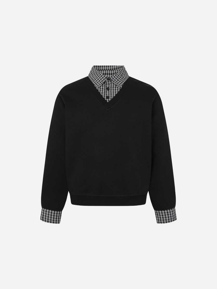 Layered Plaid V-Neck Sweatshirt