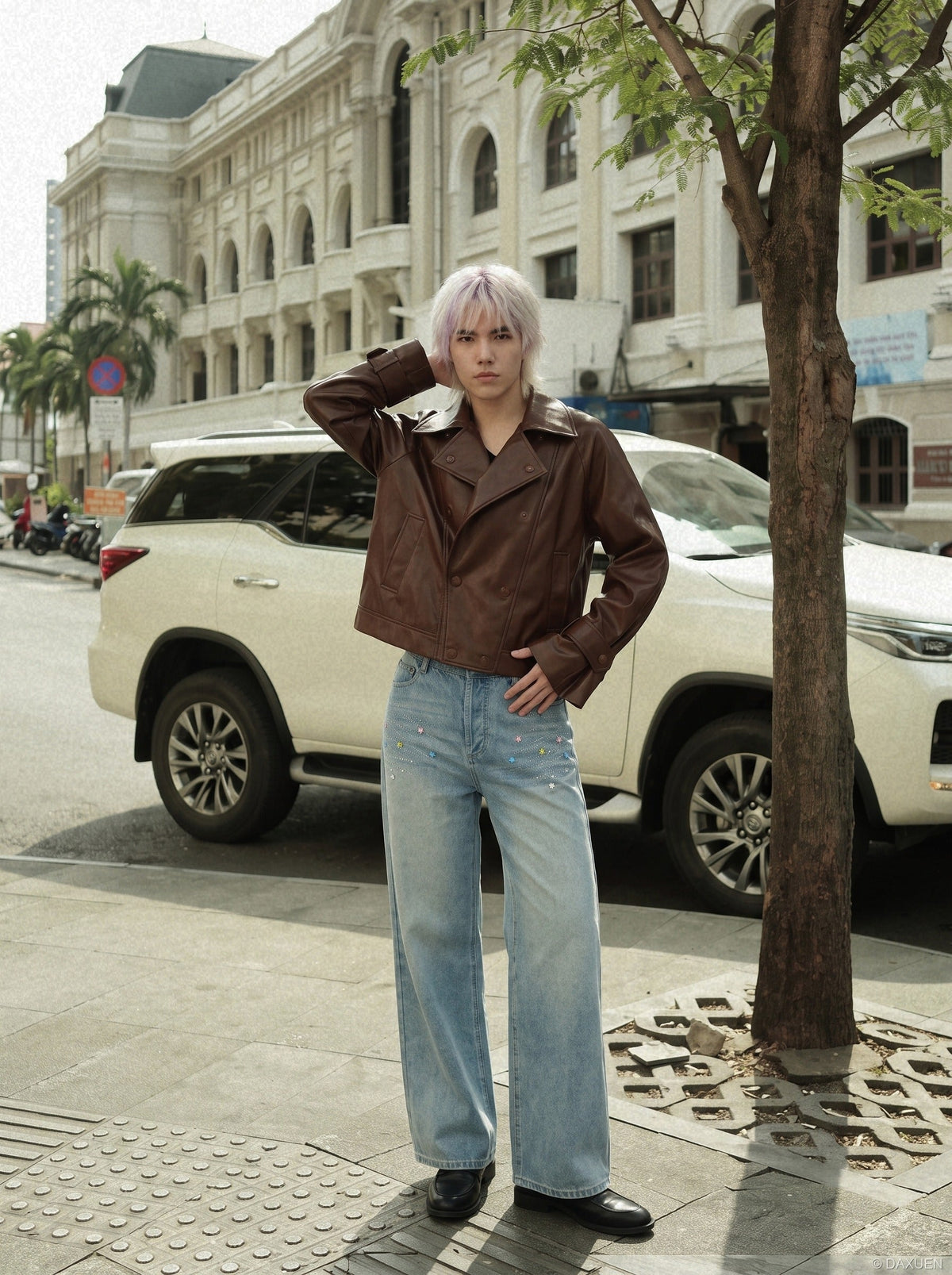 Light Blue Star-Embellished Wide-Leg Jeans