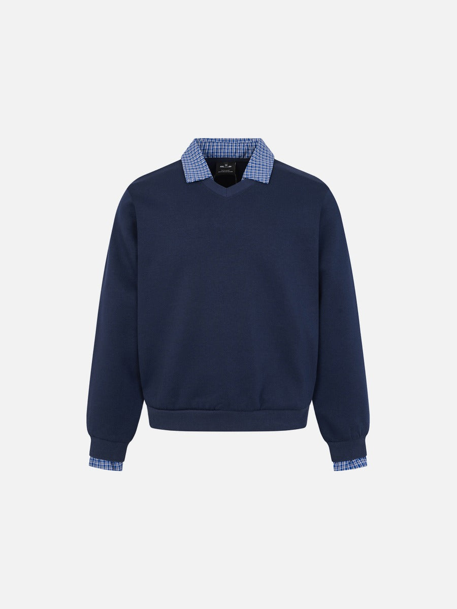 Micro-Plaid Contrast Collar Long Sleeve Sweatshirt