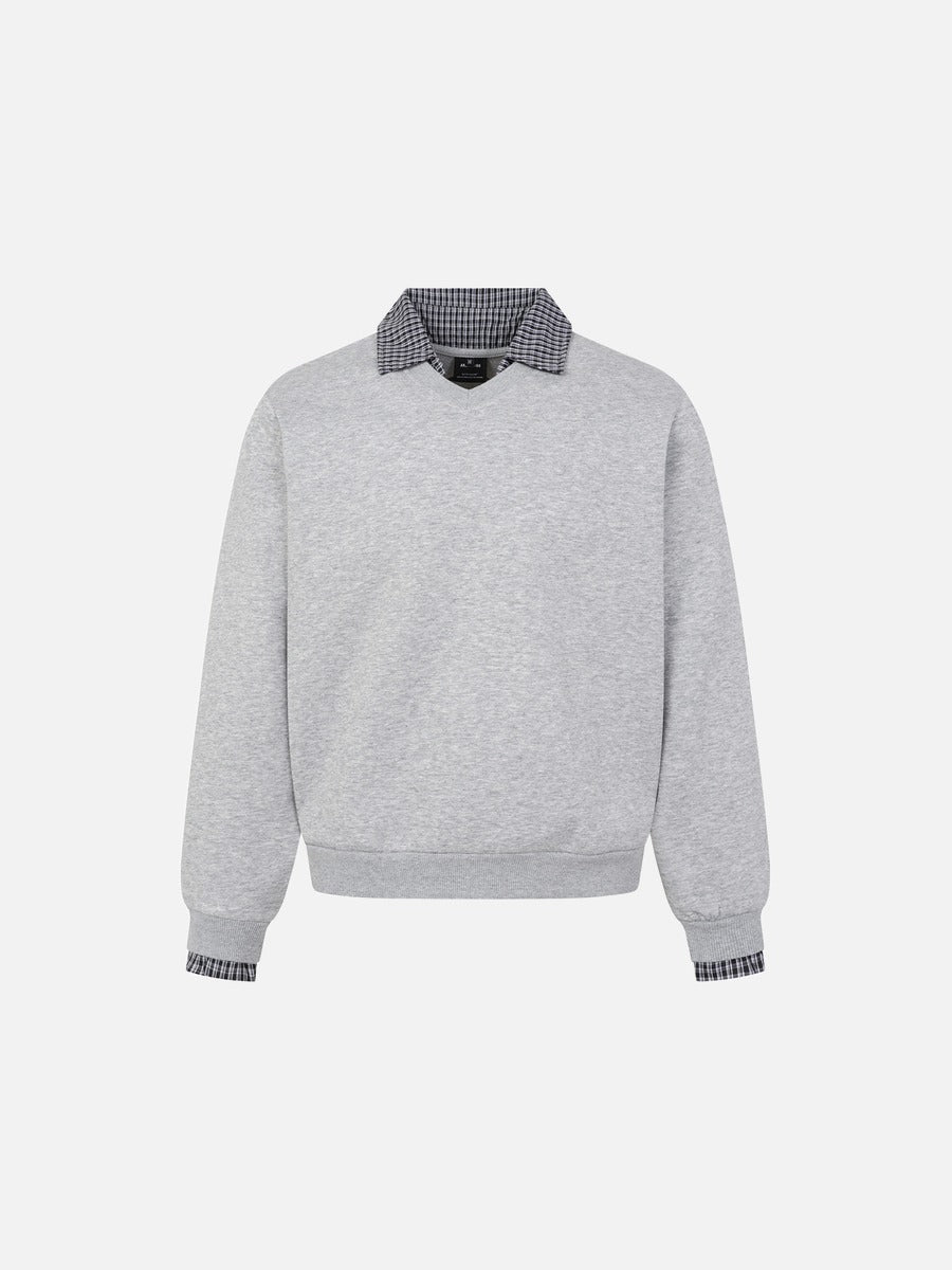 Micro-Plaid Contrast Collar Long Sleeve Sweatshirt