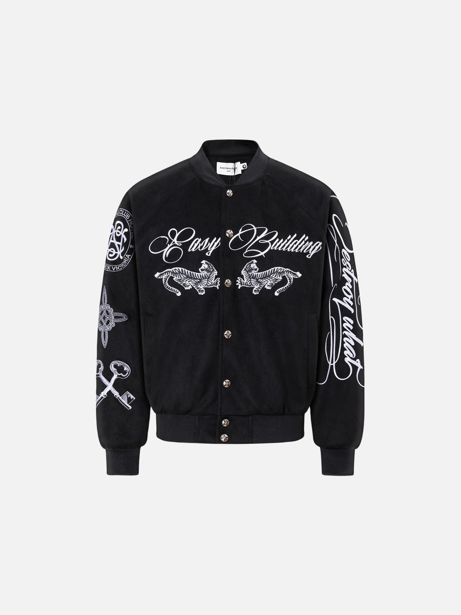 Mirrored Feline Embroidery Bomber Jacket