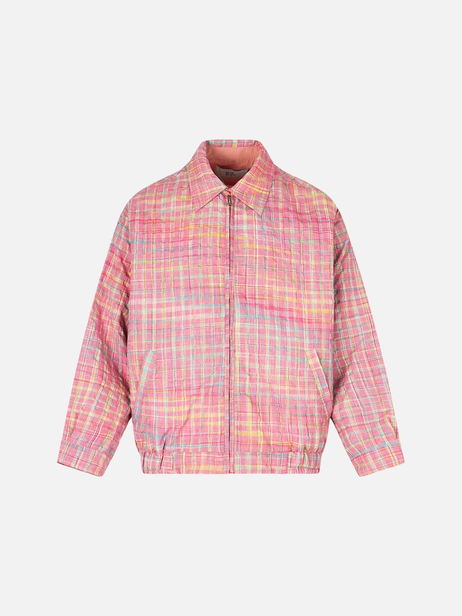 Pink and Blue Plaid Bomber Jacket