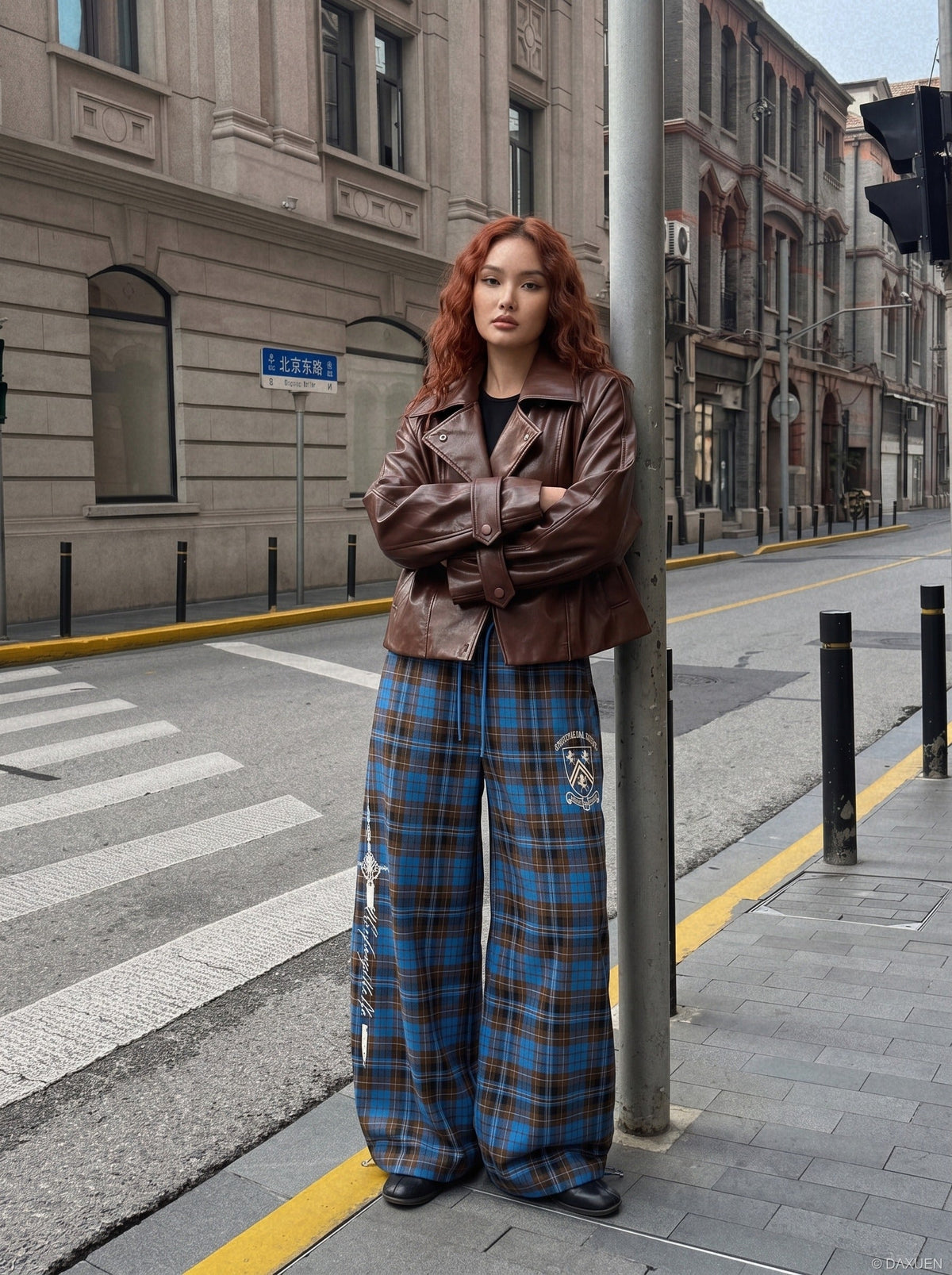 Plaid Shield Crest Wide-Leg Pants