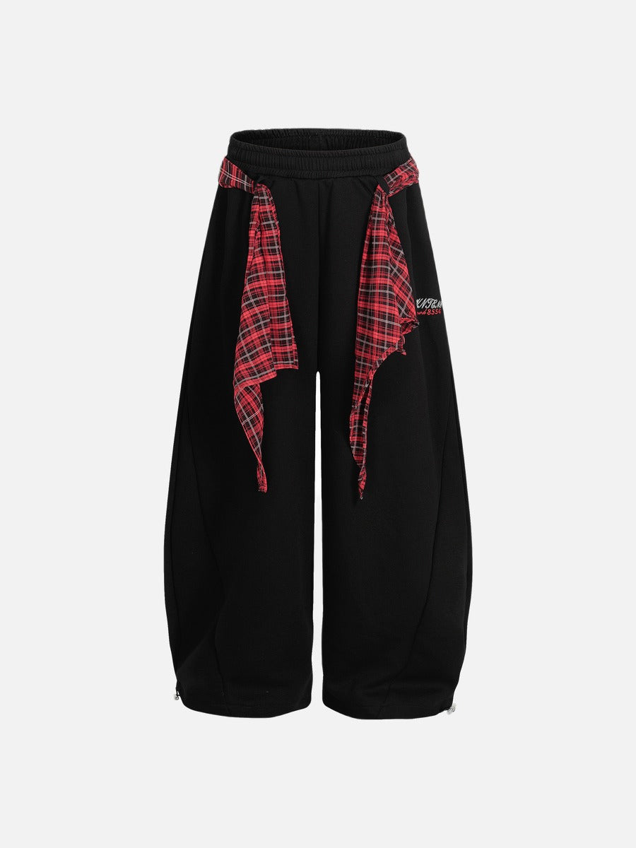 Plaid-Wrapped Wide-Leg Sweatpants