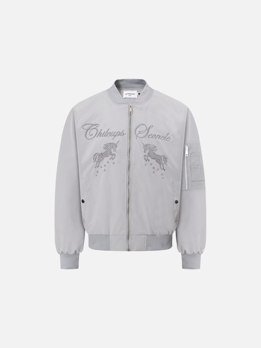 Stylized Unicorn Embroidered Bomber Jacket