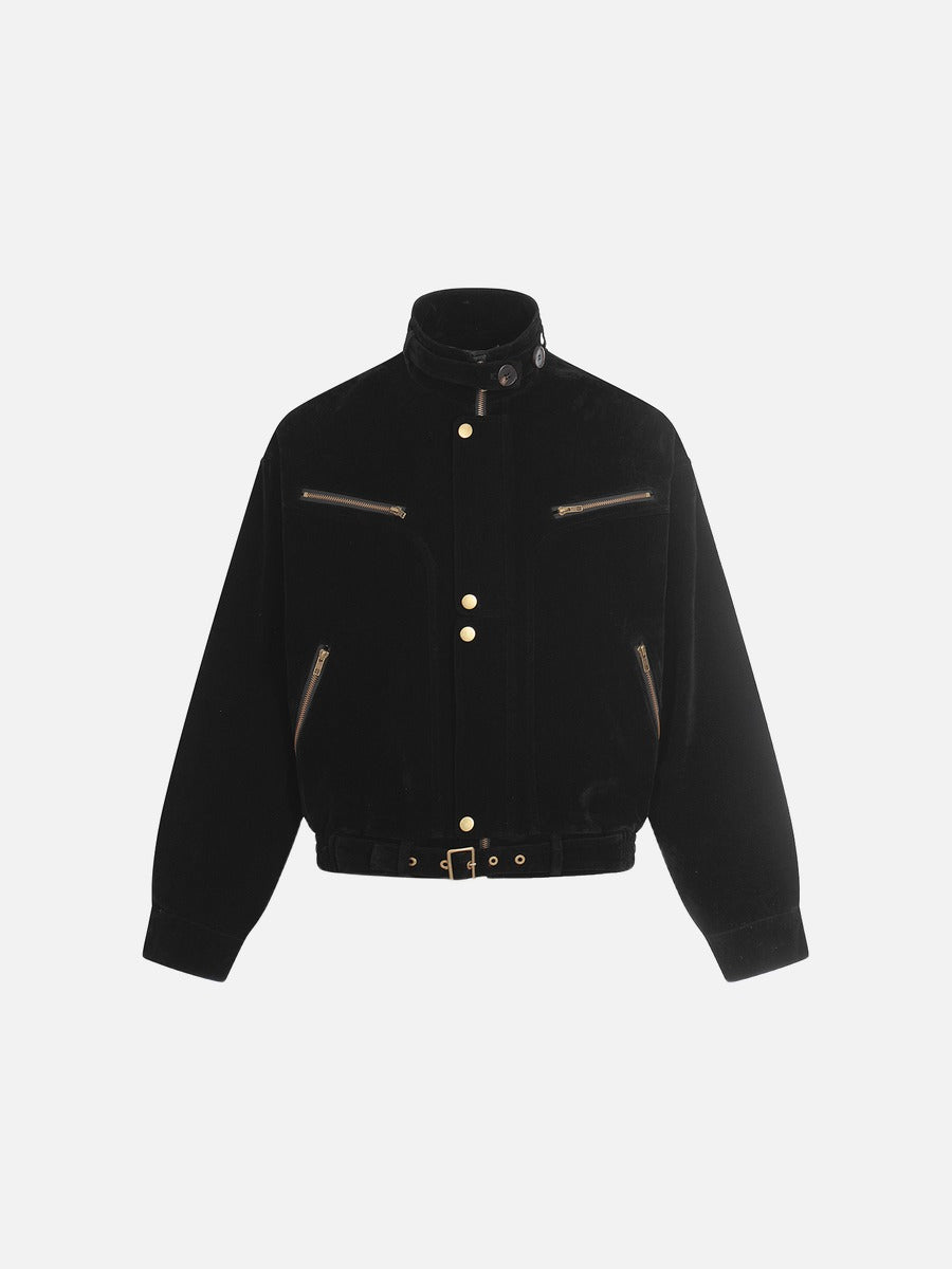 Suede Brown Bomber Jacket with Metallic Details
