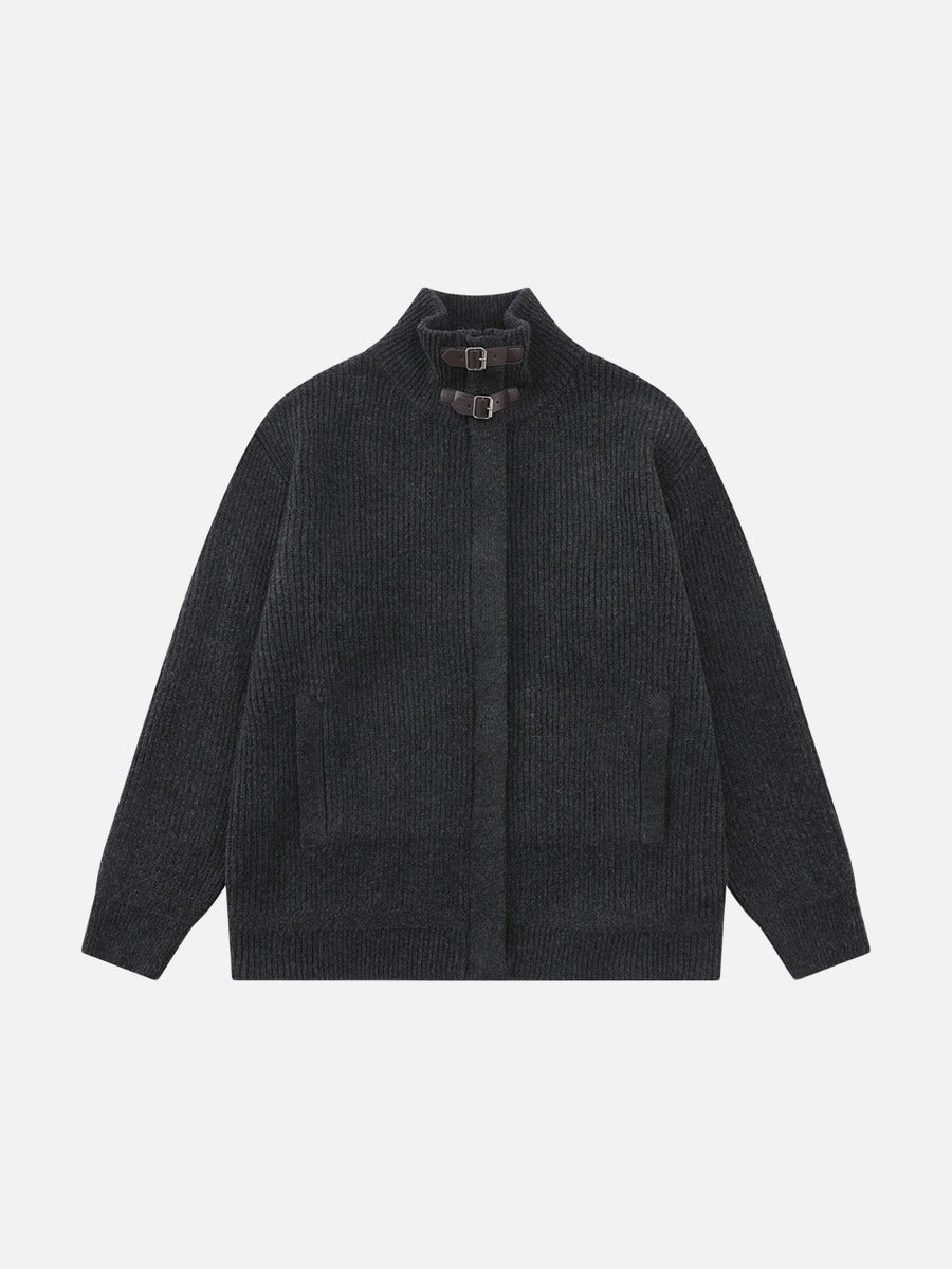 Vertical Ribbed Mock Neck Jacket with Straps