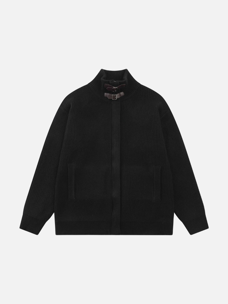 Vertical Ribbed Mock Neck Jacket with Straps