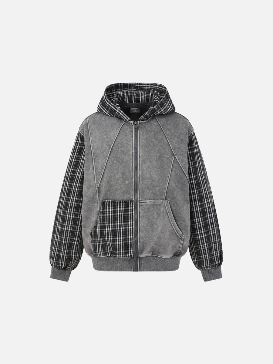 Washed Grey and Black Plaid Oversized Jacket