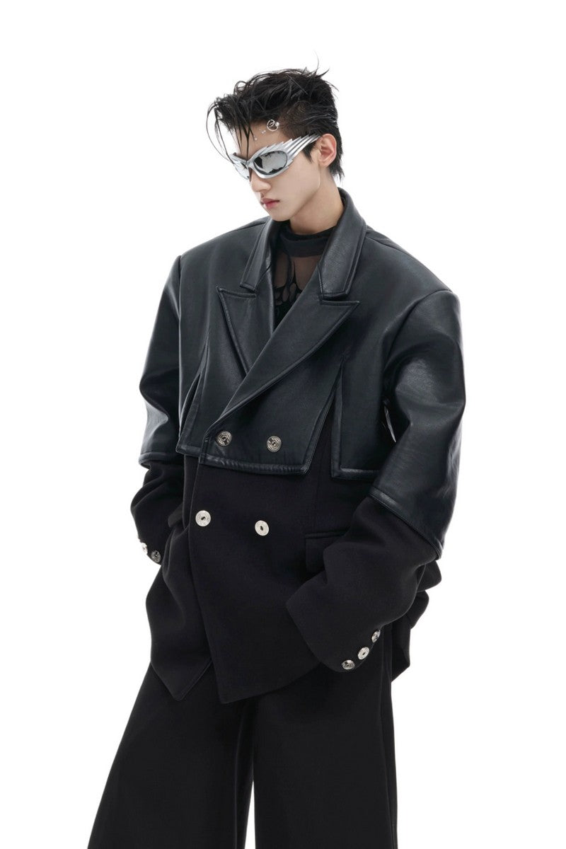 Asymmetrischer Blazer aus Wolle und PU-Leder