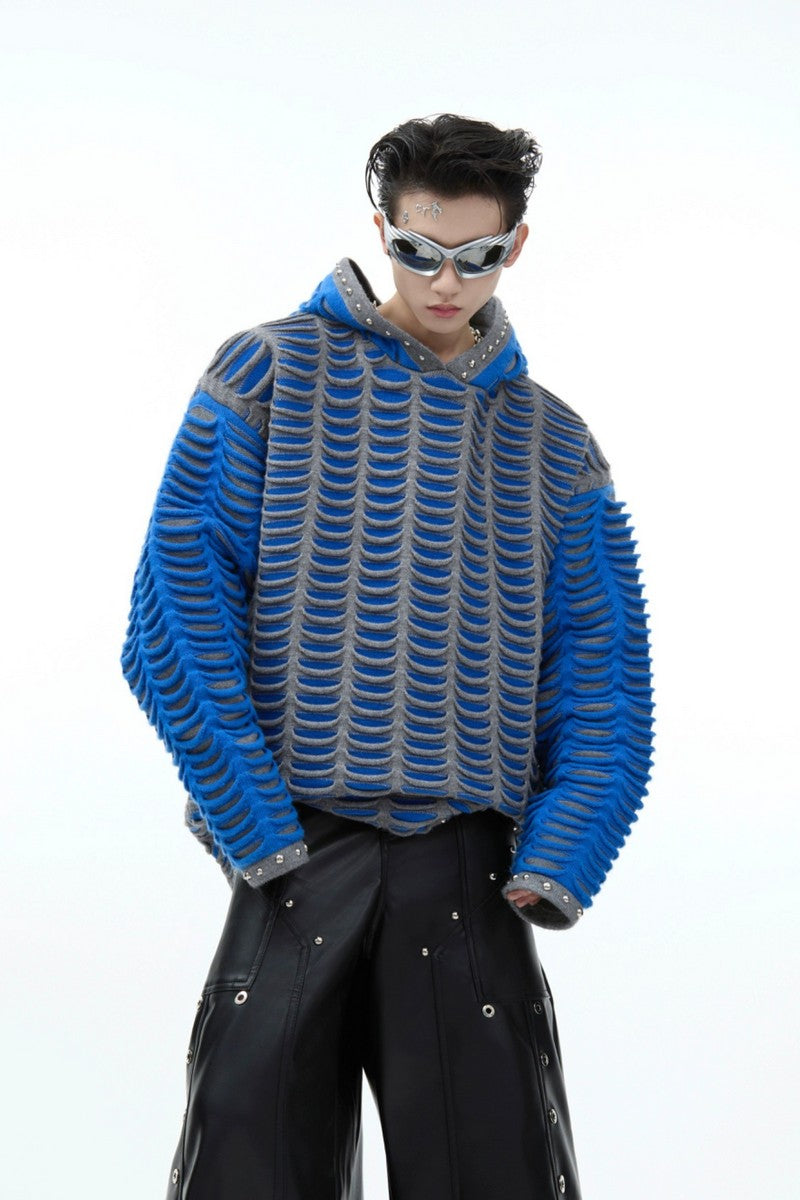Strickhoodie im Used-Look mit Patchwork-Muster und Metallnieten
