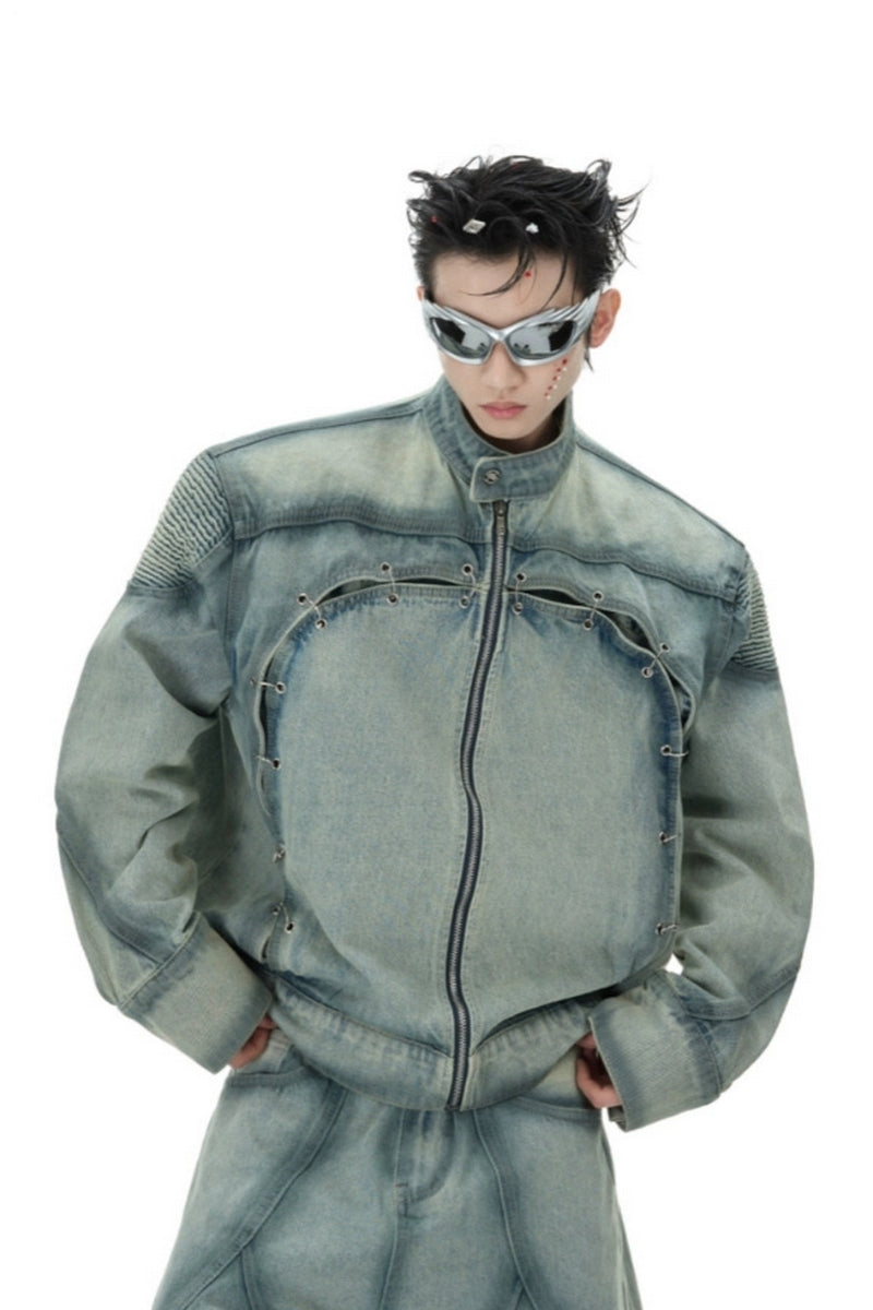 veste en jean vintage délavée et perforée