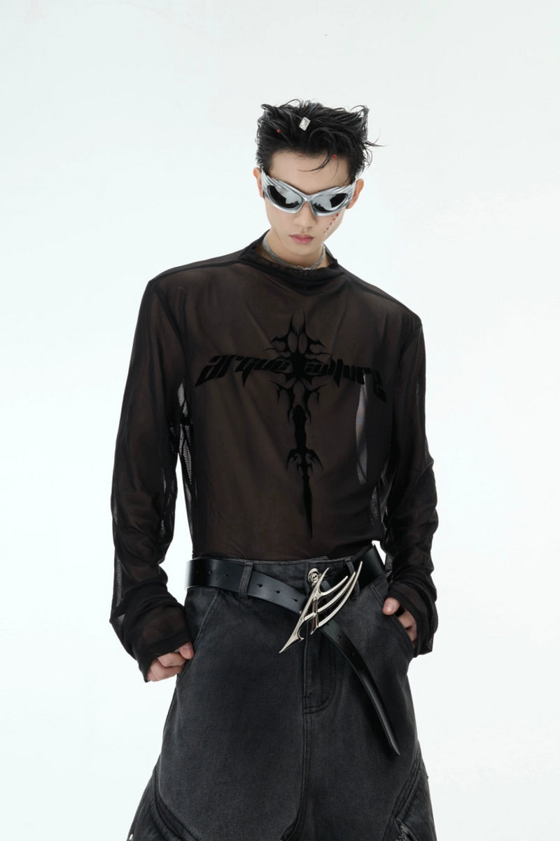 T-shirt à manches longues en maille transparente avec logo