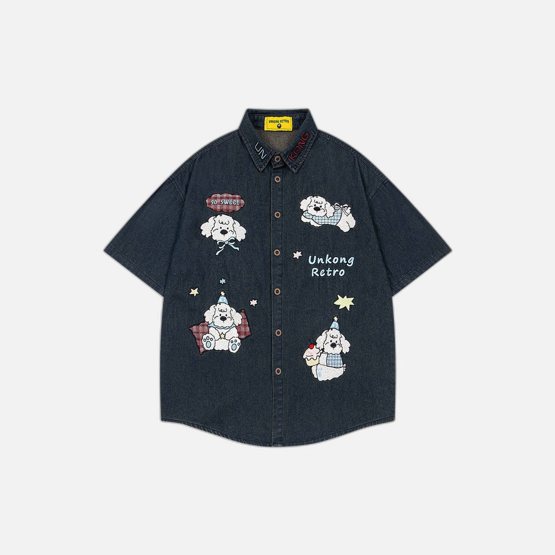 Cute Puppy Embroidered Denim Lapel Shirt