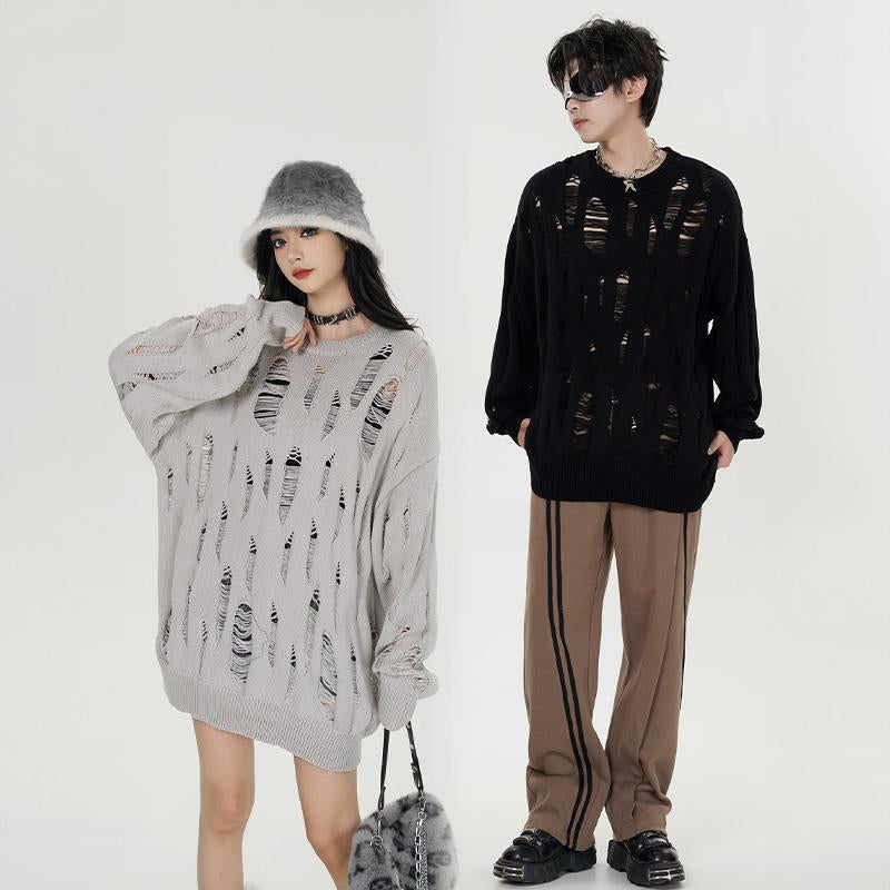 Y2K-Pullover mit Rissen, lockerer Passform und einfarbigem Design