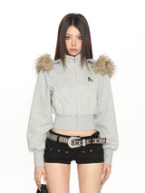 Cropped Sweatshirt with Removable Faux-Fur Hood
