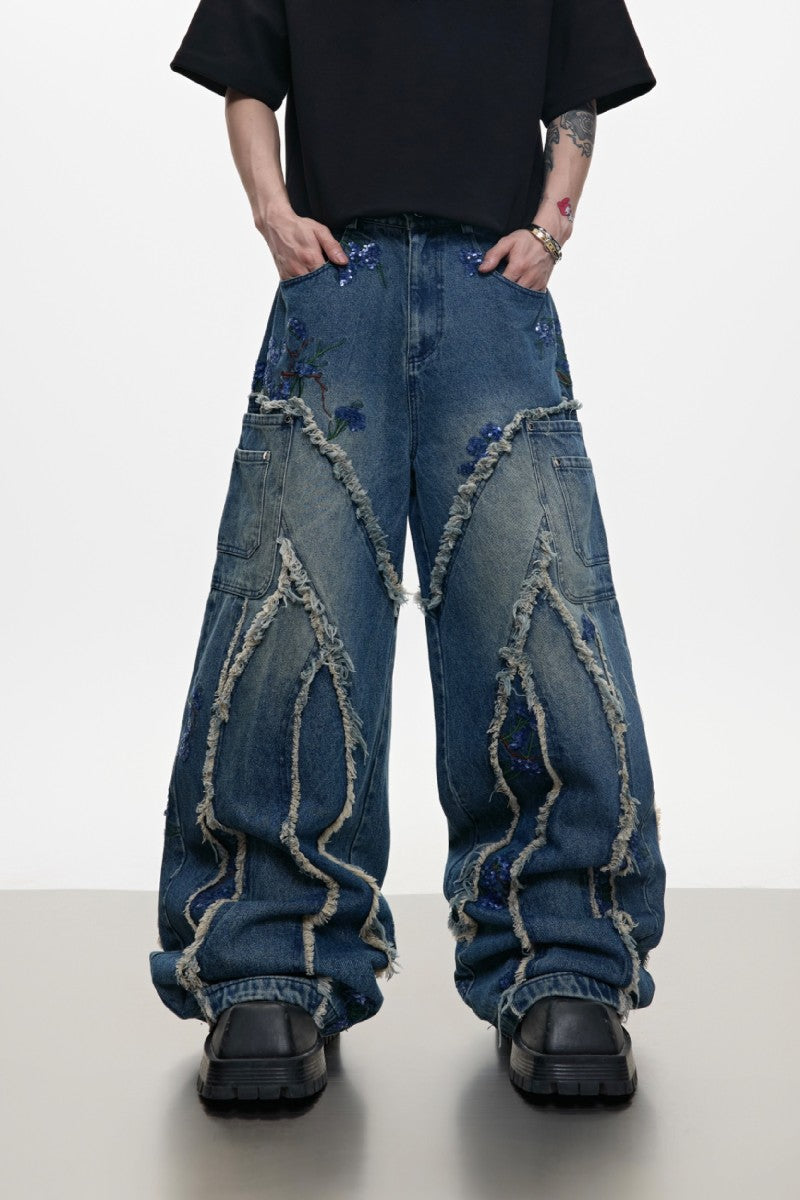 Paillettenbesetzte Jeans mit weitem Bein