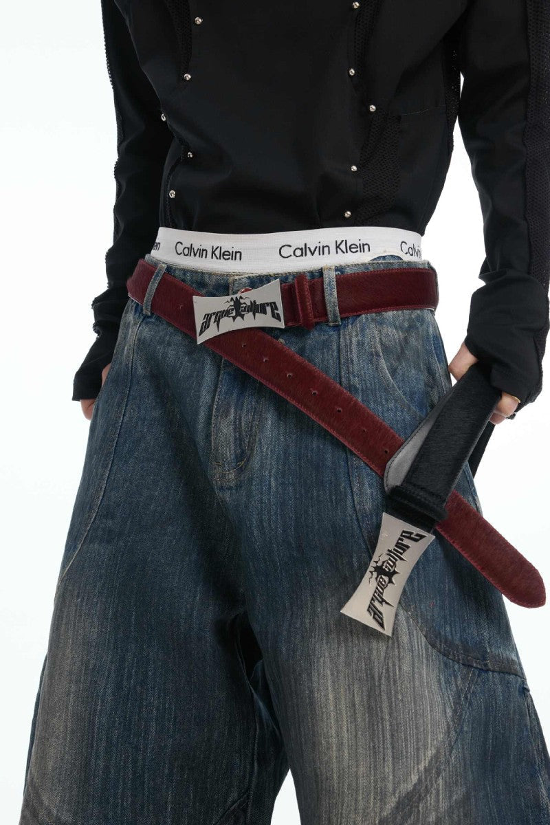 Distressed Leather Metal Buckle Belt