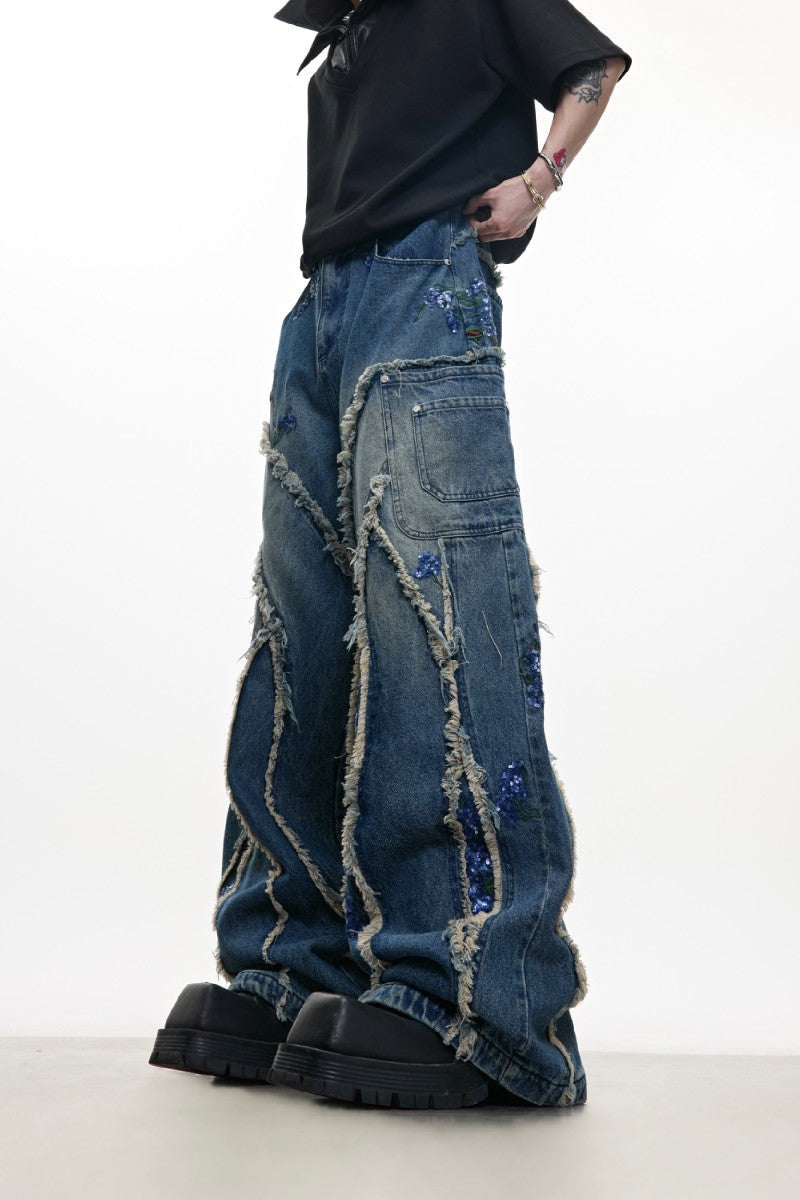 Paillettenbesetzte Jeans mit weitem Bein