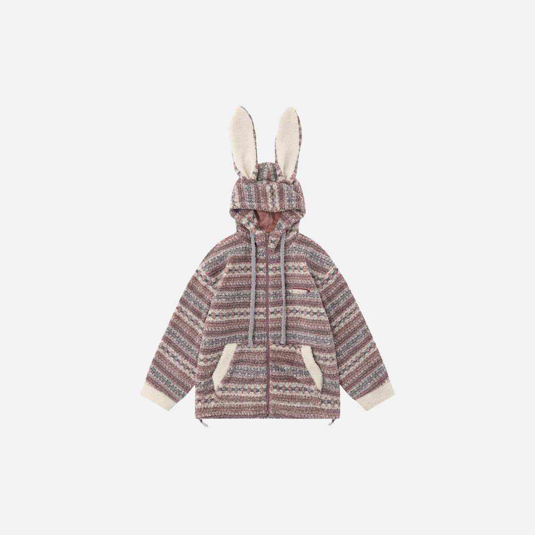 Soft Striped Winter Cartoon Rabbit Hooded Sweatshirt