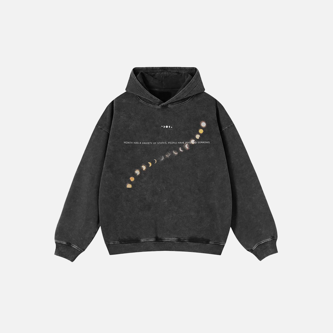 Streetwear Oversized Moon Graphic Washed Black Hoodie