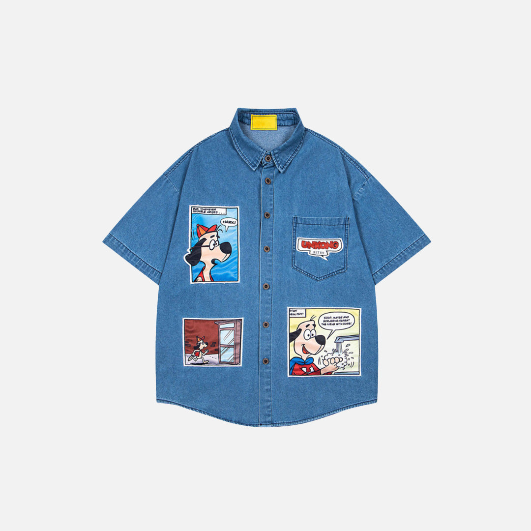 Trendiges Jeanshemd mit besticktem Cartoon-Welpen