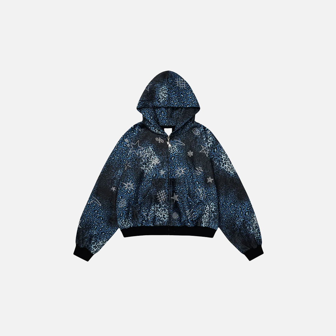 Insulated Leopard Rhinestone Zip-Up Hooded Sweatshirt