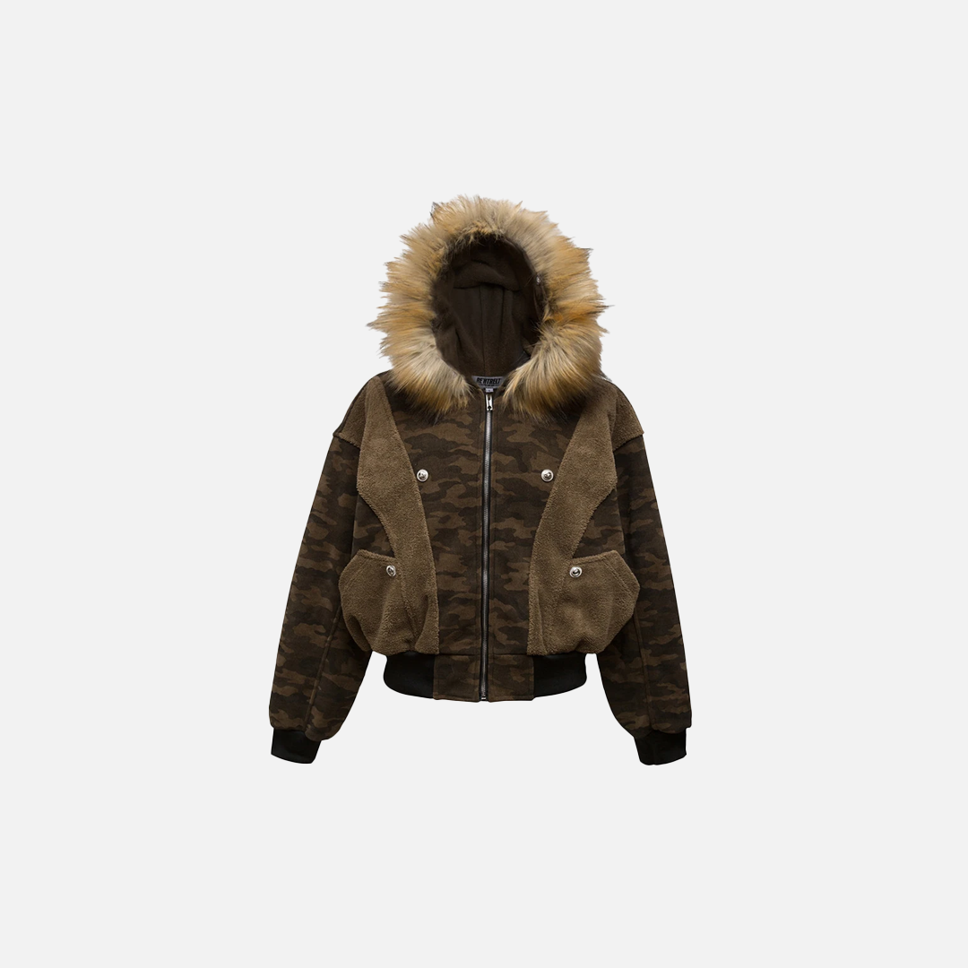 Parka d'hiver camouflage à col en fourrure de renard