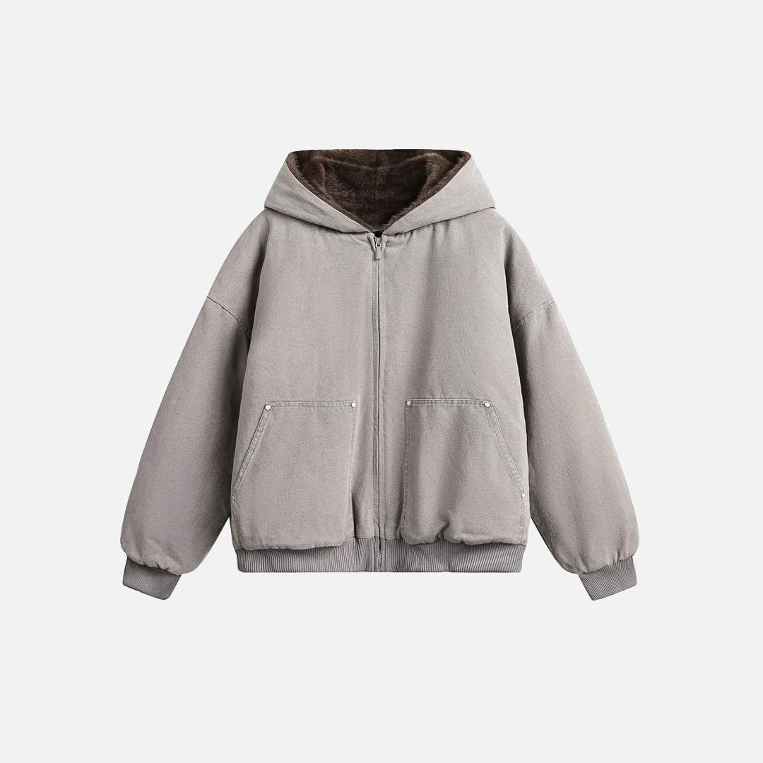 Einzigartige gesteppte Retro-Winter-Cargojacke mit Pelzbesatz