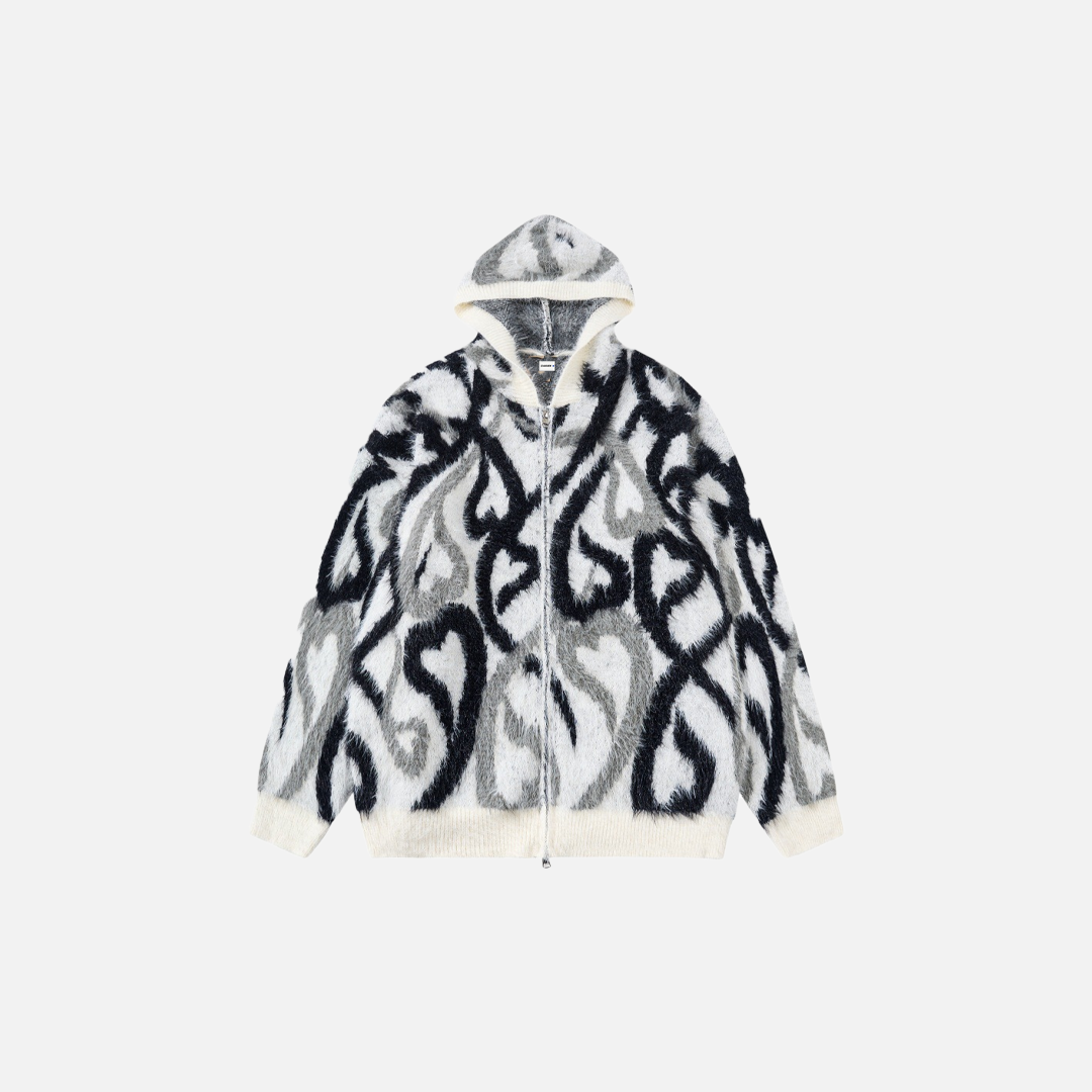 Streetwear Abstract Heart Jacquard Knit Hooded Sweatshirt
