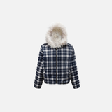 Veste rétro d'hiver à carreaux souples et col en fourrure de renard