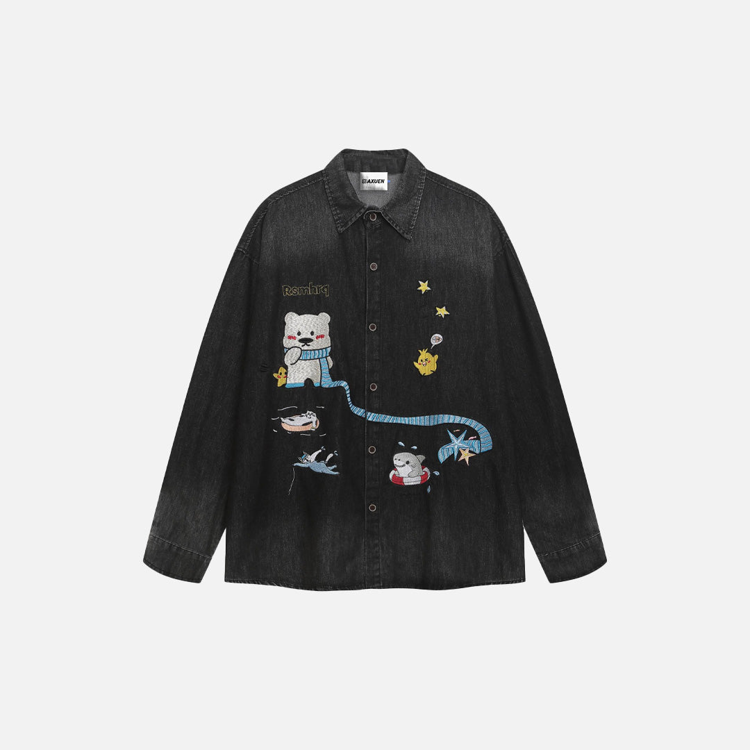 Breathable Vintage Bear Embroidered Denim Shirt