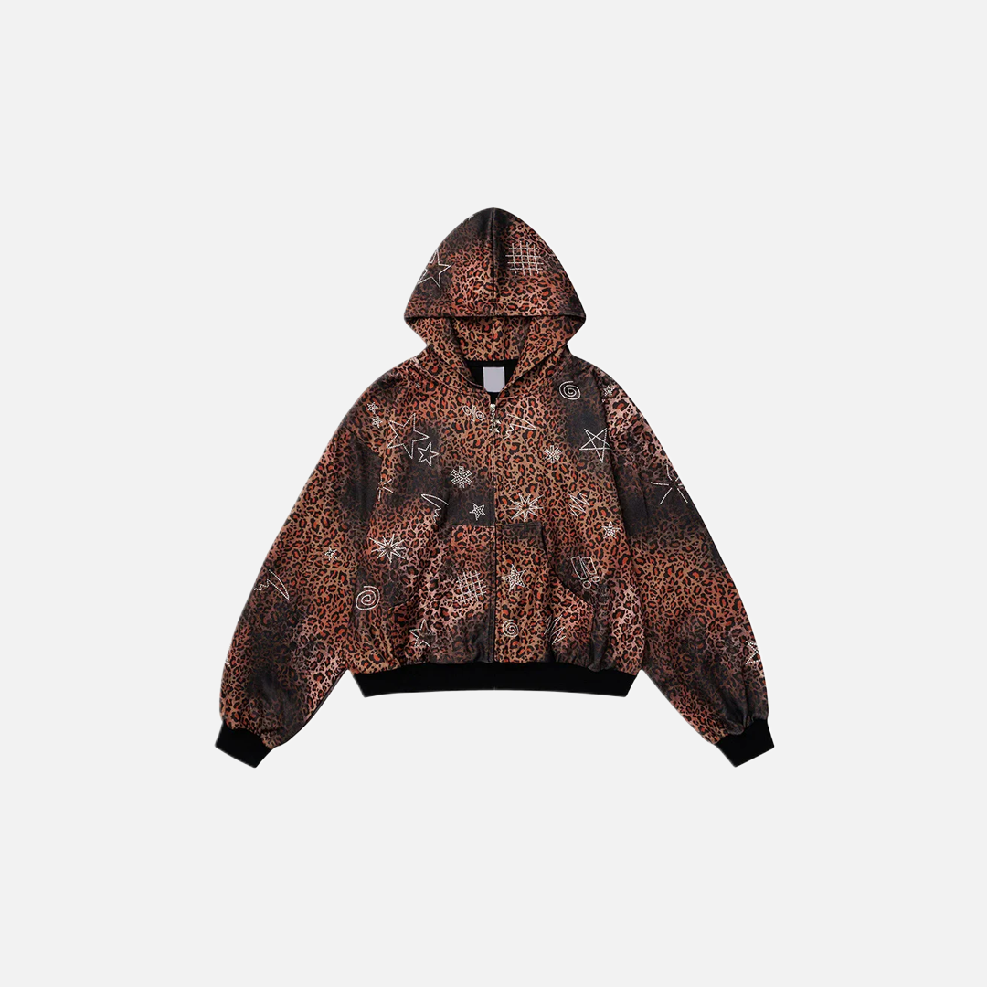Insulated Leopard Rhinestone Zip-Up Hooded Sweatshirt