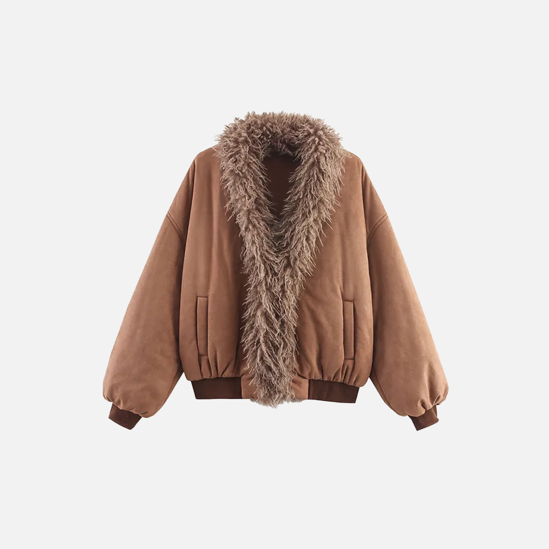 Y2K Cozy Faux Fur V-Neck Collar Cotton Jacket